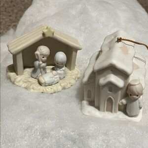 Porcelain Nativity Scene and Church Ornament Set - Cream